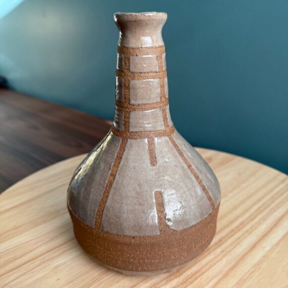 Vintage Handcrafted Asian Stoneware Vase Grayish White Brown Geometric - Picture 5 of 10